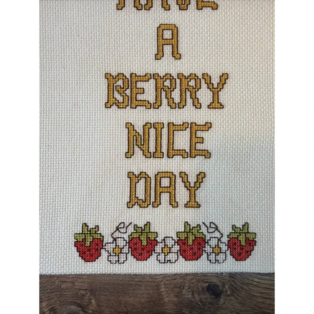 VTG Have a Berry‎ Nice Day Strawberry Floral Cross Stitch Wall Art 10x8